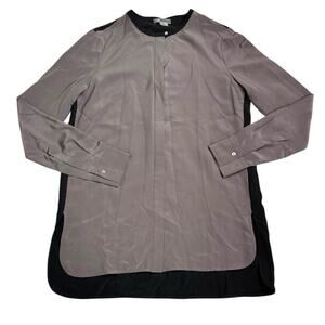 Vince Silk Blouse Womens 8 Gray Black Colorblock Button Up Hidden Placket Shirt